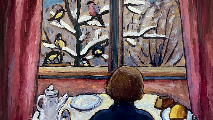 Die Bilderwelt von Gabriele Münter im Advent Gemälde einer Frau, die ihre Hand ans Ohr legt. | © Gabriele Münter